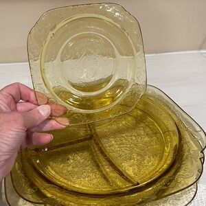 Vintage 1930’s Depression Glass Gold 2 DividedPlates and 1 Bread & Butter Plate